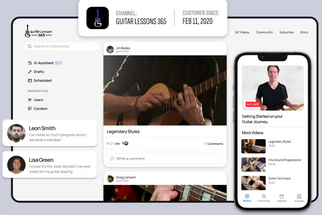an image showing the provided community engagement tools for the channel of Guitar Lessons 365